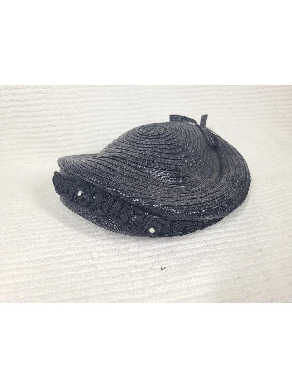 Vintage 1960s Navy Hat Woven Glossy Straw Demure Classic Hepburn Rhinestones